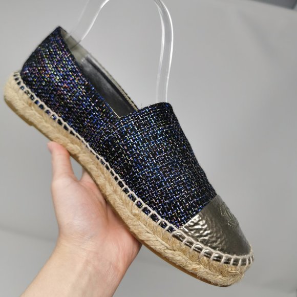 CHANEL Tweed Blue Metallic Bronze Cap Toe Espadrilles Flats - Picture 3 of 8